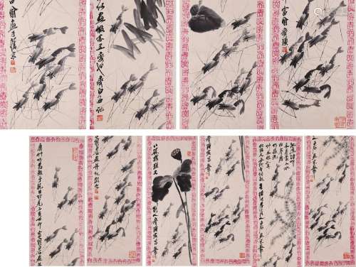 10 scrolls of Chinese painting of shrimp, Qi Baishi mark