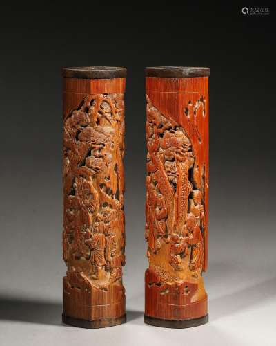 A pair of figure carved bamboo incense holders,Qing Dynasty,...