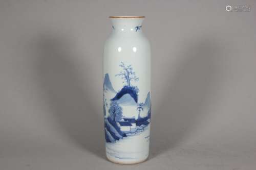 A blue and white landscape porcelain vase,Qing Dynasty,China