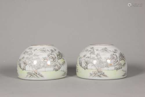 A pair of ink colored landscape porcelain water pots,Qing Dy...
