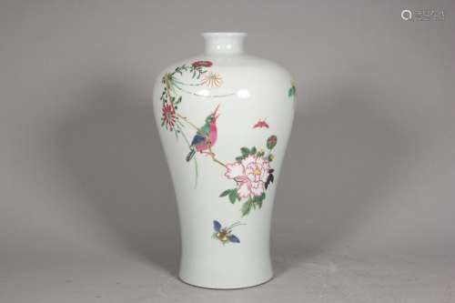 An inscribed famille rose bird and flower porcelain meiping,...