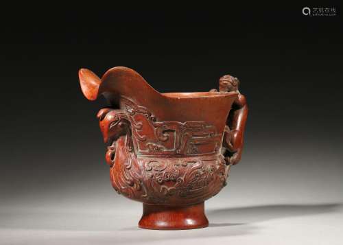 A dragon and phoenix carved bamboo cup,Qing Dynasty,China