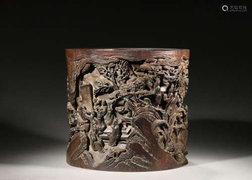 A figure embossed red sandalwood brush pot,Qing Dynasty,Chin...