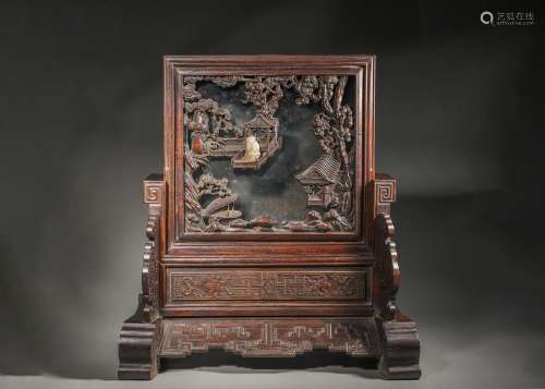 A landscape and figure embossed fragrant rosewood screen,Qin...