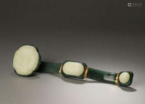 A white jade inlaid jasper ruyi,Qing Dynasty,China