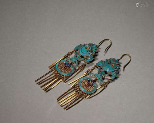 A pair of gilding silver tian-tsui phoenix bird earrings,Qin...