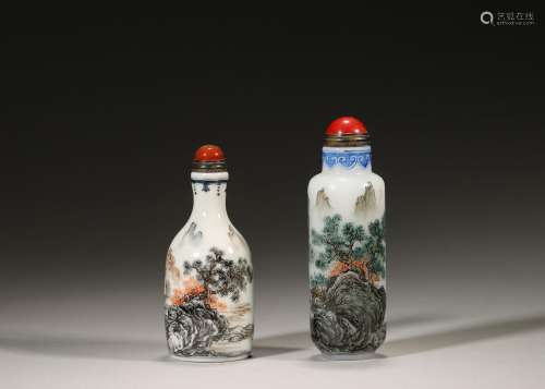 A group of landscape patterned porcelain snuff bottles,Qing ...