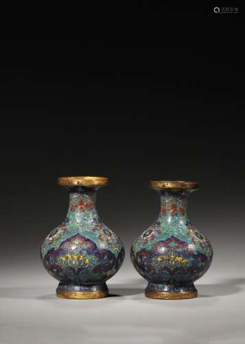 A pair of interlocking lotus patterned cloisonne vases,Qing ...
