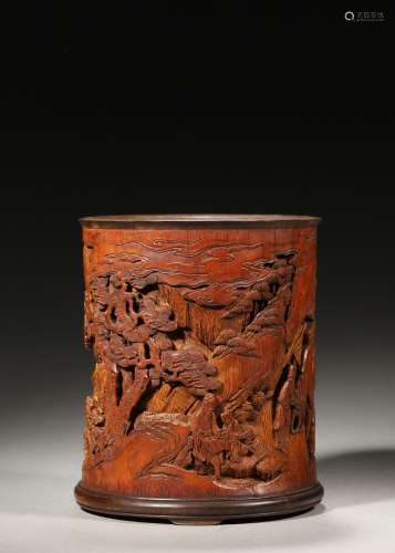 A figure carved bamboo brush pot,Qing Dynasty,China