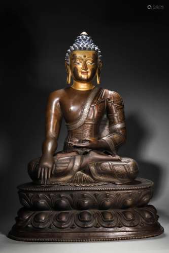 A silver-inlaid copper Sakyamuni buddha statue,Ming Dynasty,...