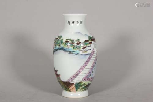 A famille rose landscape porcelain lantern shaped vase,Qing ...