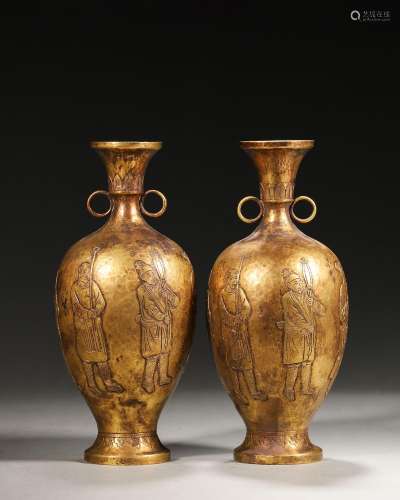 A pair of figure patterned gilding copper vases,Qing Dynasty...