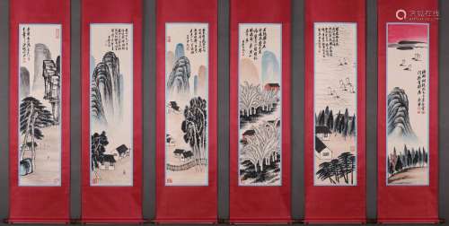 6 scrolls of Chinese landscape painting, Qi Baishi mark