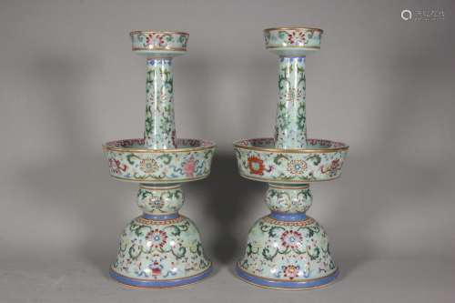 A pair of celadon glaze famille rose eight treasures porcela...