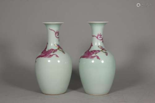 A pair of dragon patterned celadon glaze porcelain vases,The...
