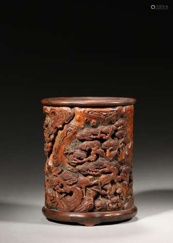 A pine carved bamboo brush pot,Qing Dynasty,China