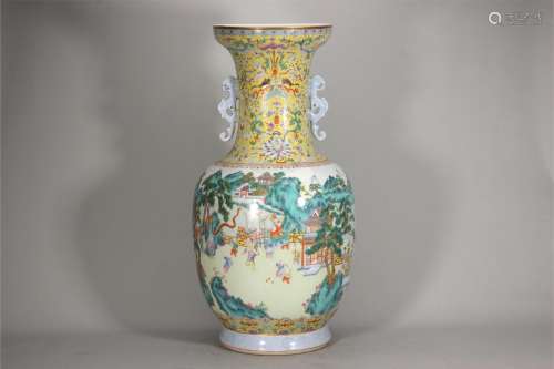 A famille rose figure porcelain vase with dragon shaped ears...