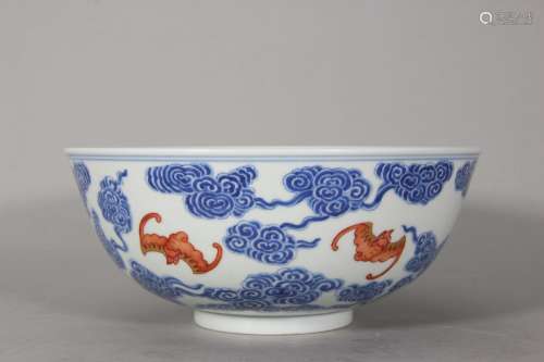 A blue and white iron red bat porcelain bowl,Qing Dynasty,Ch...