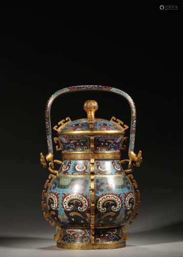 A taotie patterned loop-handled cloisonne pot,Qing Dynasty,C...