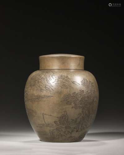 A landscape and figure patterned tin jar,Qing Dynasty,China