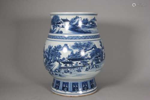A blue and white landscape and figure porcelain zun,Qing Dyn...