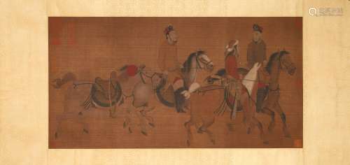 A Chinese painting of horse riding, Unknown mark,Tang Dynast...