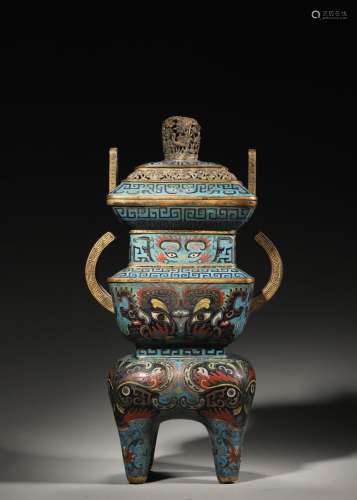 A taotie patterned cloisonne censer,Qing Dynasty,China