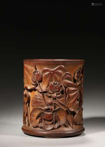 A lotus pond carved bamboo brush pot,Qing Dynasty,China