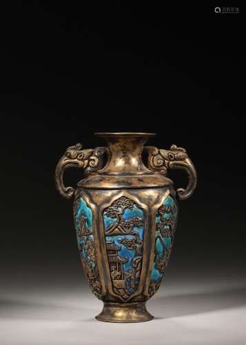 A figure patterned double-eared gilding copper enamel vase,Q...