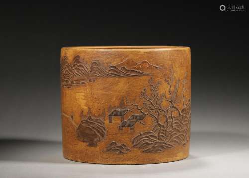 A landscape and figure painted zisha clay brush pot,Qing Dyn...