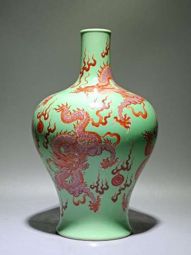 Alum red painted gold five-dragon opera pearl plum vase on g...