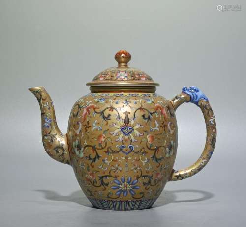 Teapot with Enamel Colored Gold Ground Tap and Handle