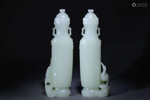 Hetian Jade Pair of Crane and Deer Spring Vases
