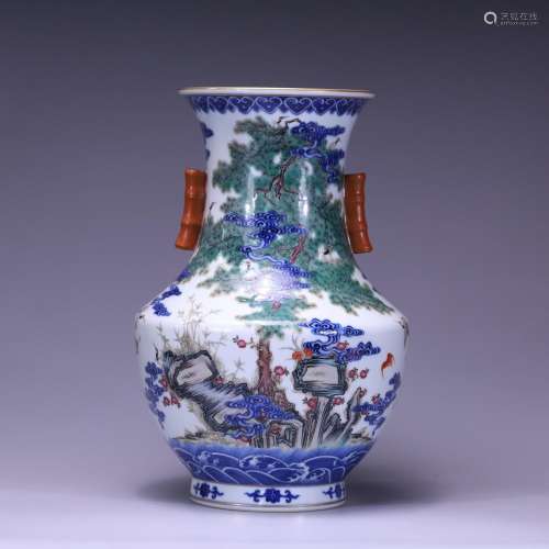 Blue and white pastel Songhe Yannian pierced ear vase