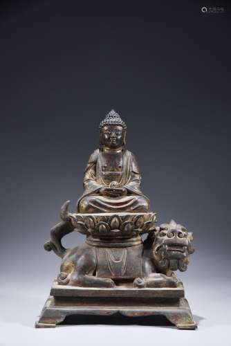 Bronze body gilded Manjusri Bodhisattva sitting statue ornam...