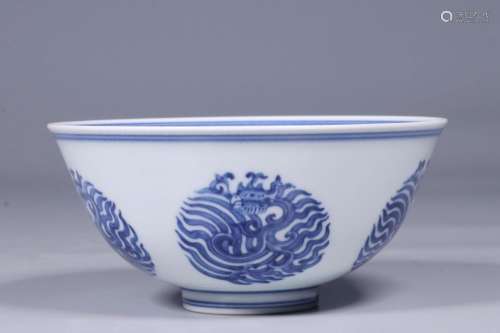 Blue and white bowl with phoenix pattern