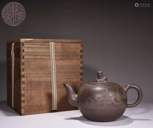 Chen Mingyuan Purple Clay Teapot with Clay Painting and Scen...