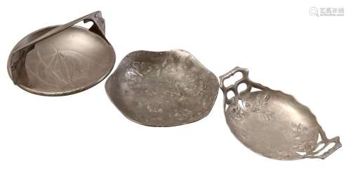 3 pewter decorated dishes