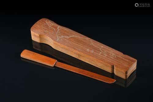 A Chinese bamboo incised paper cutter and case