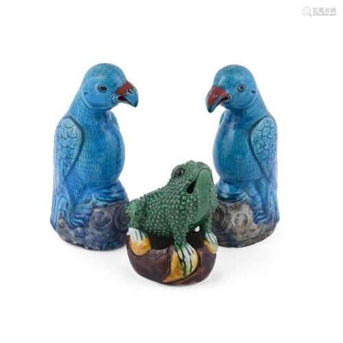 A pair of Chinese turquoise glazed porcelain parrots