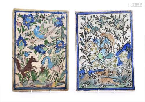 Two relief moulded polychrome painted tiles