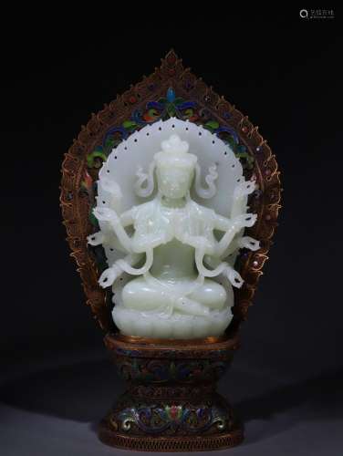 Hetian Jade Silver Gilt Base White Jade Avalokitesvara with ...