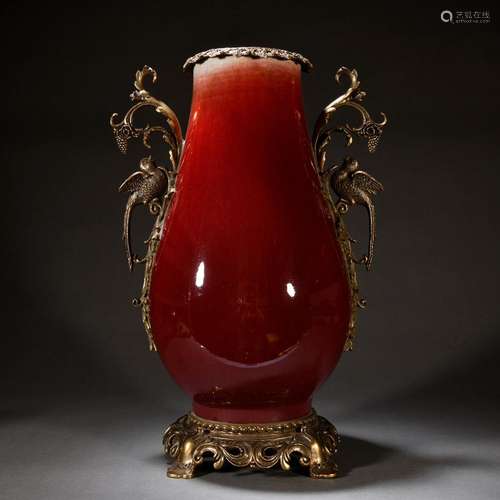 Red glaze plain surface inlaid copper amphora