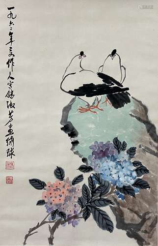 吴作人（1908-1997） 萧淑芳（1911-2005） 鸽子 立轴 纸本