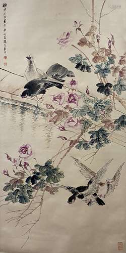 程璋（1869-1938) 群鸽花卉图 立轴 纸本