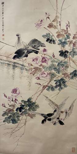 程璋（1869-1938) 群鸽花卉图 立轴 纸本