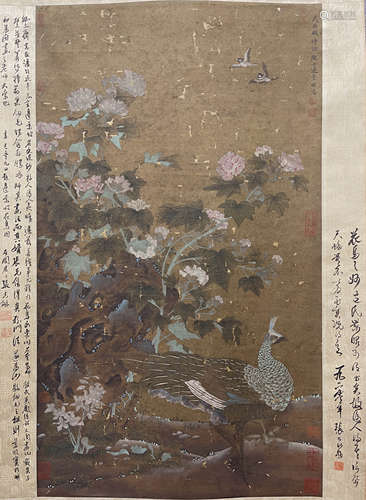 边景昭（1356-1436） 孔雀牡丹 立轴 绢本