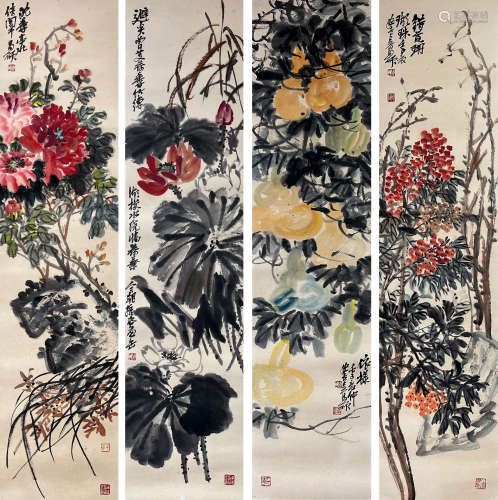 吴昌硕（1844-1927） 花卉四屏 立轴 纸本