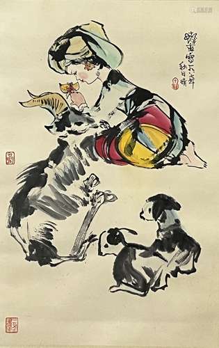 程十发（1921-2007） 女孩三羊 立轴 纸本