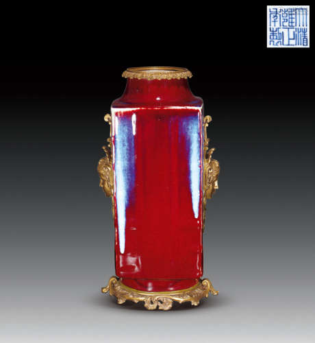 清 红釉窑变包铜鎏金八卦琮式瓶